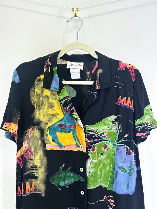 Vintage Jeffrey & Dara 90s Rayon Button Down Shirt Dress Novelty Animal Print 10 - Picture 2 of 5